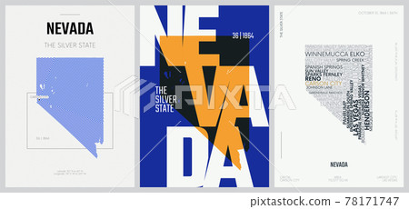 36 of 50 sets, US State Posters with name and Information in 3 Design Styles, Detailed vector art print Nevada map 78171747