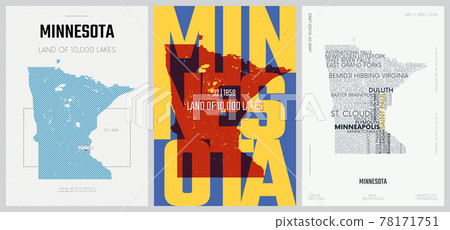 32 of 50 sets, US State Posters with name and Information in 3 Design Styles, Detailed vector art print Minnesota map 32 of 50 sets, US State Posters with name and Information in 3 Design Styles, Detailed vector art print Minnesota map 78171751