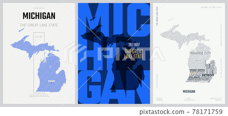 26 of 50 sets, US State Posters with name and Information in 3 Design Styles, Detailed vector art print Michigan map 78171759
