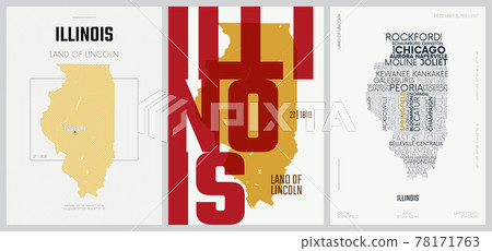 21 of 50 sets, US State Posters with name and Information in 3 Design Styles, Detailed vector art print Illinois map 78171763