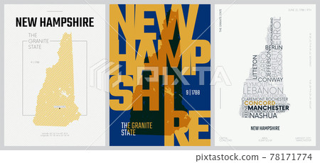 9 of 50 sets, US State Posters with name and Information in 3 Design Styles, Detailed vector art print New Hampshire map 9 of 50 sets, US State Posters with name and Information in 3 Design Styles, Detailed vector art print New Hampshire map 78171774