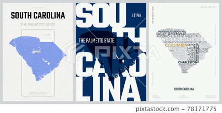 8 of 50 sets, US State Posters with name and Information in 3 Design Styles, Detailed vector art print South Carolina map 78171775