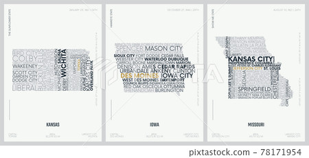 Typography composition of city names, silhouettes maps of the states of America, vector detailed posters, Division West North Central - Kansas, Iowa, Missouri - set 6 of 17 78171954