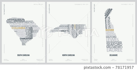 Typography composition of city names, silhouettes maps of the states of America, vector detailed posters, Division South Atlantic - South Carolina, North Carolina, Delaware - set 9 of 17 Typography composition of city names, silhouettes maps of the states of America, vector detailed posters, Division South Atlantic - South Carolina, North Carolina, Delaware - set 9 of 17 78171957