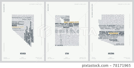 Typography composition of city names, silhouettes maps of the states of America, vector detailed posters, Division Mountain - Nevada, Utah, Arizona - set 14 of 17 78171965