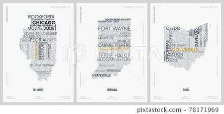 Typography composition of city names, silhouettes maps of the states of America, vector detailed posters, Division East North Central - Illinois, Indiana, Ohio - set 4 of 17 Typography composition of city names, silhouettes maps of the states of America, vector detailed posters, Division East North Central - Illinois, Indiana, Ohio - set 4 of 17 78171969