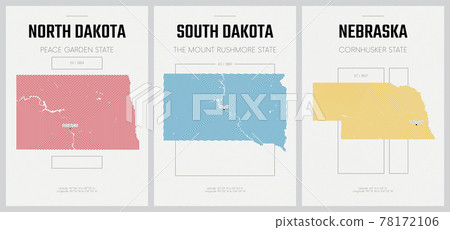 Vector posters detailed silhouettes maps of the states of America with abstract linear pattern, Division West North Central - North Dakota, South Dakota, Nebraska - set 7 of 17 78172106