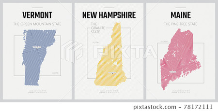 Vector posters detailed silhouettes maps of the states of America with abstract linear pattern, Division New England - Vermont, New Hampshire, Maine - set 1 of 17 78172111