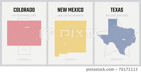 Vector posters detailed silhouettes maps of the states of America with abstract linear pattern, Division Mountain and West South Central - Colorado, New Mexico, Texas - set 13 of 17 78172113