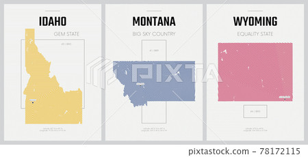Vector posters detailed silhouettes maps of the states of America with abstract linear pattern, Division Mountain - Idaho, Montana, Wyoming - set 15 of 17 78172115