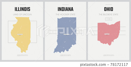 Vector posters detailed silhouettes maps of the states of America with abstract linear pattern, Division East North Central - Illinois, Indiana, Ohio - set 4 of 17 78172117