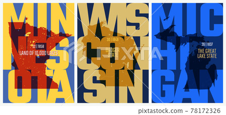 Vector posters states of the United States with a name, nickname, date admitted to the Union, The Great Lakes region - Minnesota, Wisconsin,  Michigan - set 5 of 17 78172326