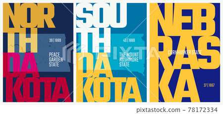 Vector posters states of the United States with a name, nickname, date admitted to the Union, Division West North Central - North Dakota, South Dakota, Nebraska - set 7 of 17 Vector posters states of the United States with a name, nickname, date admitted to the Union, Division West North Central - North Dakota, South Dakota, Nebraska - set 7 of 17 78172334