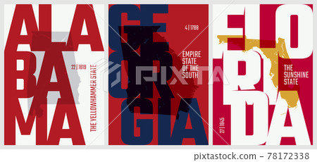 Vector posters states of the United States with a name, nickname, date admitted to the Union, Division South Atlantic and East South Central - Alabama, Georgia, Florida - set 10 of 17 Vector posters states of the United States with a name, nickname, date admitted to the Union, Division South Atlantic and East South Central - Alabama, Georgia, Florida - set 10 of 17 78172338