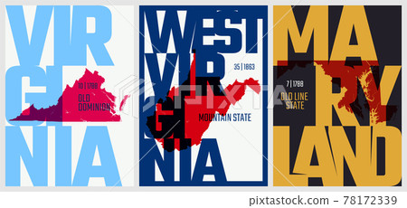 Vector posters states of the United States with a name, nickname, date admitted to the Union, Division South Atlantic - Virginia, West Virginia, Maryland - set 8 of 17 Vector posters states of the United States with a name, nickname, date admitted to the Union, Division South Atlantic - Virginia, West Virginia, Maryland - set 8 of 17 78172339