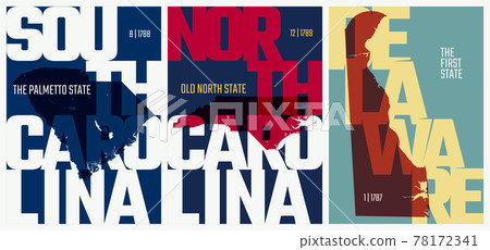 Vector posters states of the United States with a name, nickname, date admitted to the Union, Division South Atlantic - South Carolina, North Carolina, Delaware - set 9 of 17 Vector posters states of the United States with a name, nickname, date admitted to the Union, Division South Atlantic - South Carolina, North Carolina, Delaware - set 9 of 17 78172341
