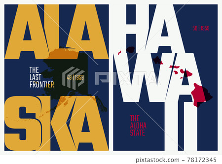 Vector posters states of the United States with a name, nickname, date admitted to the Union, Division Pacific - Alaska, Hawaii - set 17 of 17 78172345
