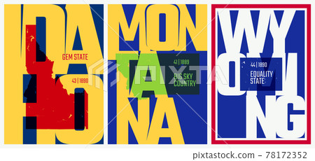 Vector posters states of the United States with a name, nickname, date admitted to the Union, Division Mountain - Idaho, Montana, Wyoming - set 15 of 17 Vector posters states of the United States with a name, nickname, date admitted to the Union, Division Mountain - Idaho, Montana, Wyoming - set 15 of 17 78172352