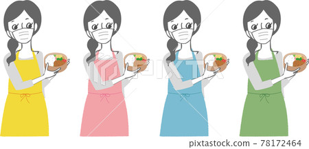 A woman in an apron wearing a mask with a lunch... - Stock Illustration ...