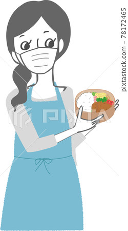 一個穿著圍裙、戴著口罩和午餐盒的女人。 78172465