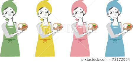 A woman in an apron wearing a mask holding a lunch box. A woman in an apron wearing a mask holding a lunch box. 78172994