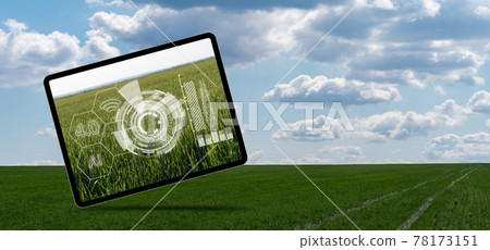 Digital tablet with infographics on a background of agricultural field. Digital tablet with infographics on a background of agricultural field. 78173151