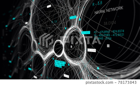 Digital visualization of data flow and formation of neural networks, database processing, monitor screen in perspective 78173843