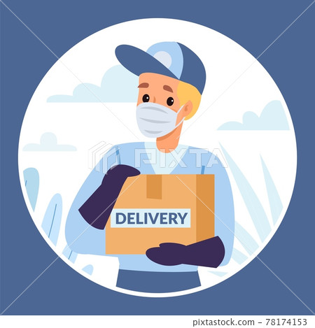 Protected delivery peephole view. Person looks through hole in door. Courier brings parcel. Man in protective mask and gloves rings bell. Coronavirus isolation vector safe order shipping Protected delivery peephole view. Person looks through hole in door. Courier brings parcel. Man in protective mask and gloves rings bell. Coronavirus isolation vector safe order shipping 78174153
