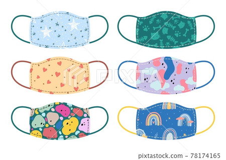 Medical mask. Cartoon respirators with kids prints. Isolated fashionable medical face accessories set. Coronavirus pandemic prevention. Quarantine safety. Vector protective clothes Medical mask. Cartoon respirators with kids prints. Isolated fashionable medical face accessories set. Coronavirus pandemic prevention. Quarantine safety. Vector protective clothes 78174165