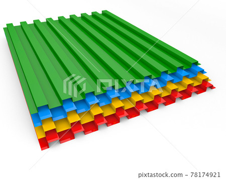 Colored sheets of metal profiles for the roof on a white background. Colored sheets of metal profiles for the roof on a white background. 78174921