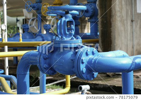 Valves at gas plant, Pressure safety valve selective focus 78175079