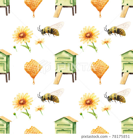 watercolor seamless pattern - apiary in the meadow 78175851