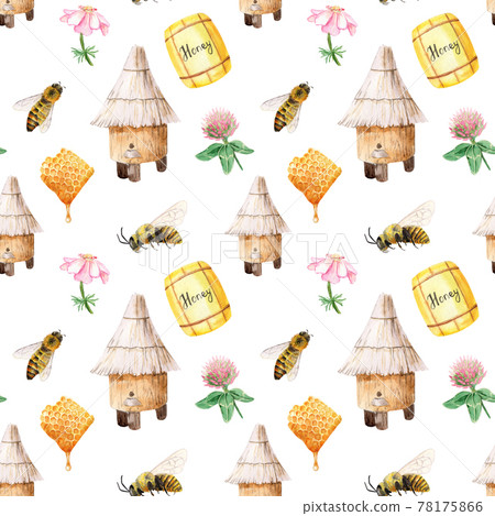 watercolor seamless pattern - apiary in the meadow 78175866