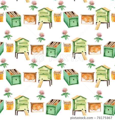 watercolor seamless pattern - apiary in the meadow 78175867