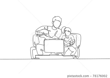 Single continuous line drawing of young father and daughter sitting on sofa while playing video game together at home, happy parenting. Family fun concept. One line draw design vector illustration 78176002