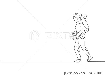 One continuous line drawing of young mother walking while carrying her sleepy tired son on back go to the bed room. Happy family parenthood concept. Dynamic single line draw design vector illustration 78176003