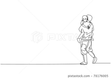 One single line drawing of young father carrying his sleepy tired daughter go to the bed room vector graphic illustration. Happy family parenting concept. Modern continuous line draw design 78176005