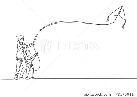 Single continuous line drawing of young mom and her son playing to fly kite up into the sky at outdoor field. Happy family parenthood concept. Trendy one line draw design vector graphic illustration Single continuous line drawing of young mom and her son playing to fly kite up into the sky at outdoor field. Happy family parenthood concept. Trendy one line draw design vector graphic illustration 78176011