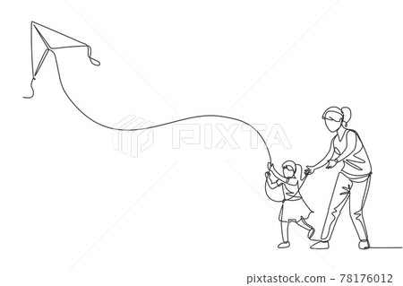 One continuous line drawing of young mother and her daughter playing to fly kite up into the sky at outdoor field. Happy family parenthood concept. Dynamic single line draw design vector illustration One continuous line drawing of young mother and her daughter playing to fly kite up into the sky at outdoor field. Happy family parenthood concept. Dynamic single line draw design vector illustration 78176012