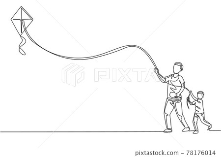 One single line drawing of young father and his son playing to fly kite up into the sky at outdoor field vector illustration. Happy family bonding concept. Modern continuous line draw graphic design 78176014