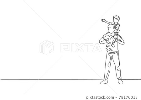 One continuous line drawing of young dad playing and carrying his cheerful son on his shoulder at home. Happy family parenthood concept. Dynamic single line draw design graphic vector illustration One continuous line drawing of young dad playing and carrying his cheerful son on his shoulder at home. Happy family parenthood concept. Dynamic single line draw design graphic vector illustration 78176015