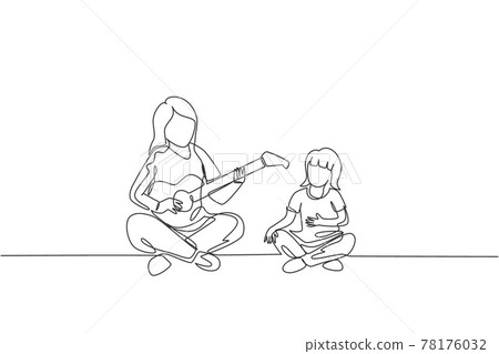 Single continuous line drawing of young mother playing guitar and happy singing together with her daughter at home. Happy family parenthood concept. Trendy one line draw design vector illustration Single continuous line drawing of young mother playing guitar and happy singing together with her daughter at home. Happy family parenthood concept. Trendy one line draw design vector illustration 78176032