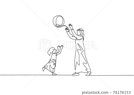 Single continuous line drawing of young Arabian dad playing and throwing beach ball to daughter at park. Islamic muslim happy family fatherhood concept. Trendy one line draw design vector illustration 78176153