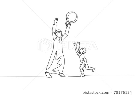 One continuous line drawing of young Arabian father playing together with song and throwing ball. Happy Islamic muslim parenting family concept. Dynamic single line draw design vector illustration 78176154