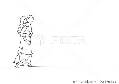 One continuous line drawing of young Arabian mom carrying daughter on her back at park, piggyback. Happy Islamic muslim parenting family concept. Dynamic single line draw design vector illustration 78176155
