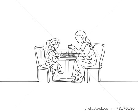 Single continuous line drawing of young Arabian mom teach her daughter strategy and each pawn moves while play chess. Islamic happy family motherhood concept. One line draw design vector illustration Single continuous line drawing of young Arabian mom teach her daughter strategy and each pawn moves while play chess. Islamic happy family motherhood concept. One line draw design vector illustration 78176186