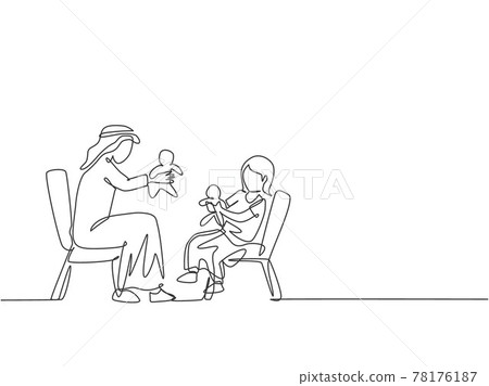 One continuous line drawing of young Arabian dad and daughter playing doll to wait fasting break. Happy Islamic muslim parenting family concept. Dynamic single line draw design vector illustration One continuous line drawing of young Arabian dad and daughter playing doll to wait fasting break. Happy Islamic muslim parenting family concept. Dynamic single line draw design vector illustration 78176187