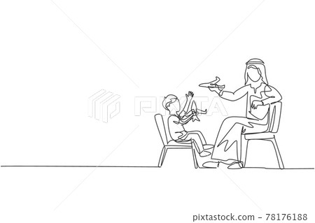 One continuous line drawing of young Arabian father playing aeroplane toy figure with son at home. Happy Islamic muslim parenting family concept. Dynamic single line draw design vector illustration 78176188