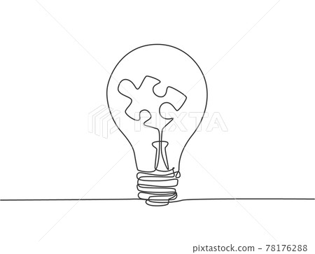 One single line drawing of lightbulb with piece of puzzle inside for creative company logo identity. Innovation idea icon concept. Trendy continuous line draw design vector illustration 78176288