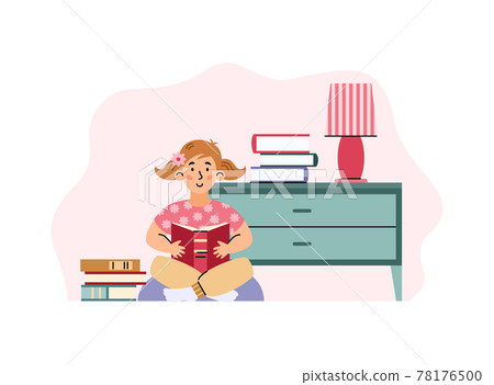 Young cute kid girl sitting and read book at home, library or kindergarten. 78176500